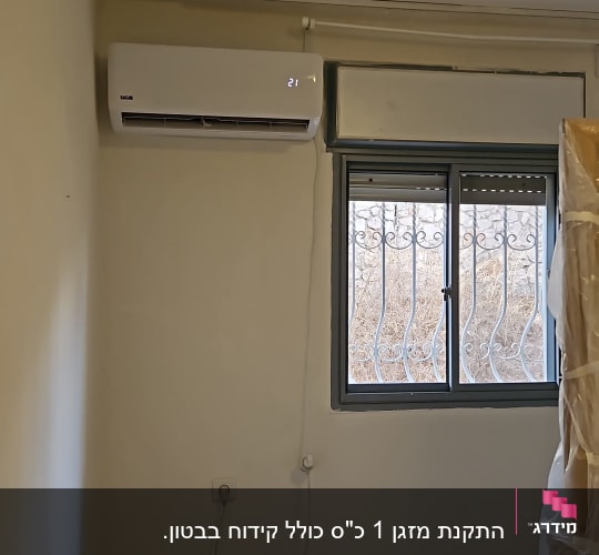מזגן מותקן על קיר עם תצוגת טמפרטורה 21 מעלות